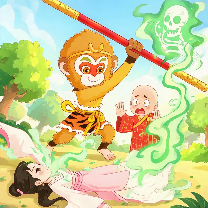 悟空举起金箍棒，一棒打下去，美女倒地变成假尸