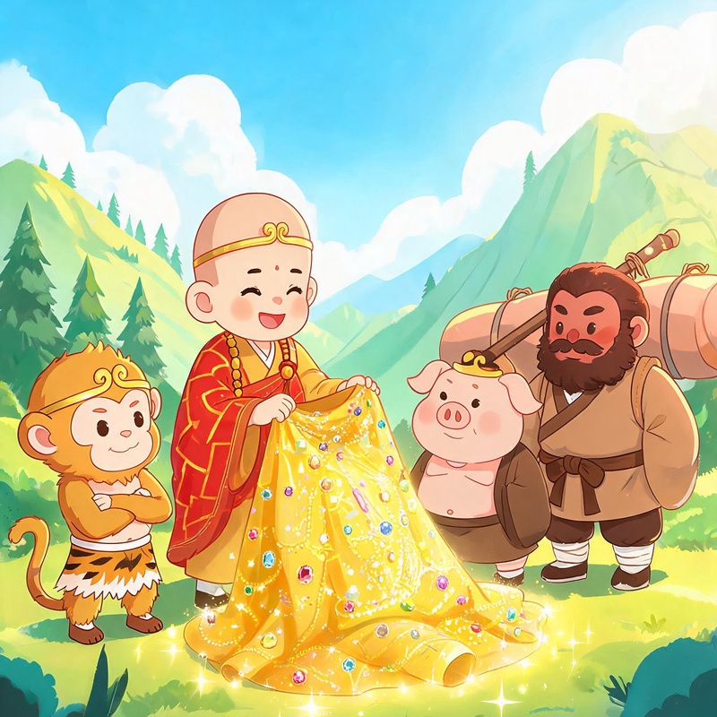 唐僧拿回袈裟，高高兴兴地叠好放进行李